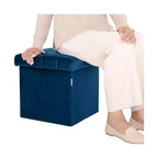 Ottoman de rangement d'appoint capitonné en velours bleu, cube de 40 cm avec couvercle amovible