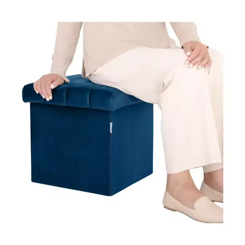 Blue Velvet Cushioned Accent Storage Ottoman, 15.7" Cube with Removable Lid
