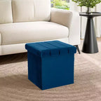 Ottoman de rangement d'appoint capitonné en velours bleu, cube de 40 cm avec couvercle amovible