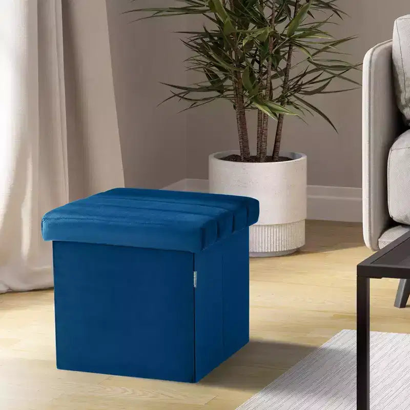 Blue Velvet Cushioned Accent Storage Ottoman, 15.7" Cube with Removable Lid