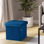 Ottoman de rangement d'appoint capitonné en velours bleu, cube de 40 cm avec couvercle amovible