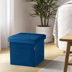 Ottoman de rangement d'appoint capitonné en velours bleu, cube de 40 cm avec couvercle amovible