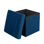 Ottoman de rangement d'appoint capitonné en velours bleu, cube de 40 cm avec couvercle amovible