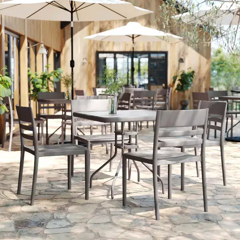 Set of 2 Indoor-Outdoor Stacking Patio Chairs with Slatted Backrest, All-Weather Resin