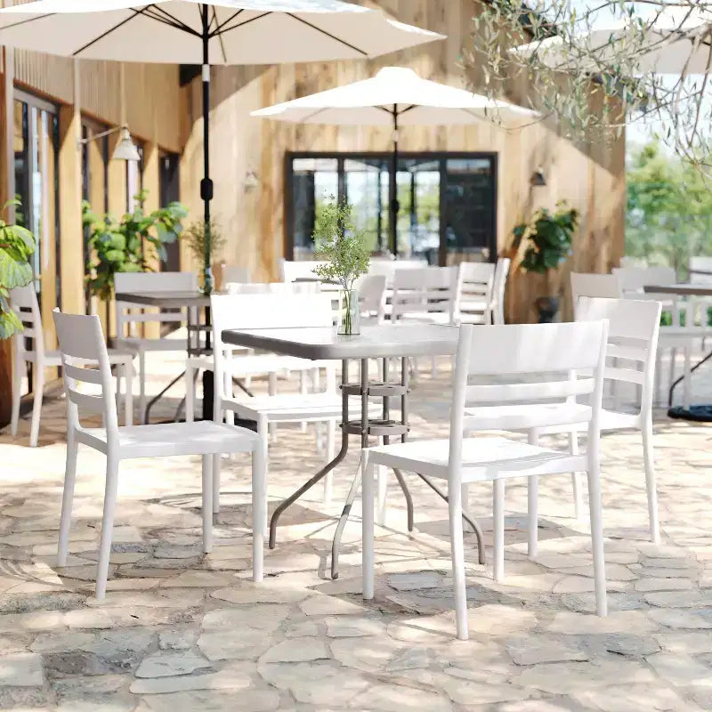 Set of 2 Indoor-Outdoor Stacking Patio Chairs with Slatted Backrest, All-Weather Resin