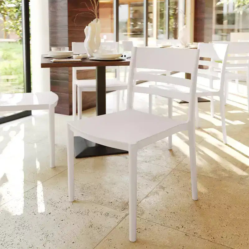 Set of 2 Indoor-Outdoor Stacking Patio Chairs with Slatted Backrest, All-Weather Resin