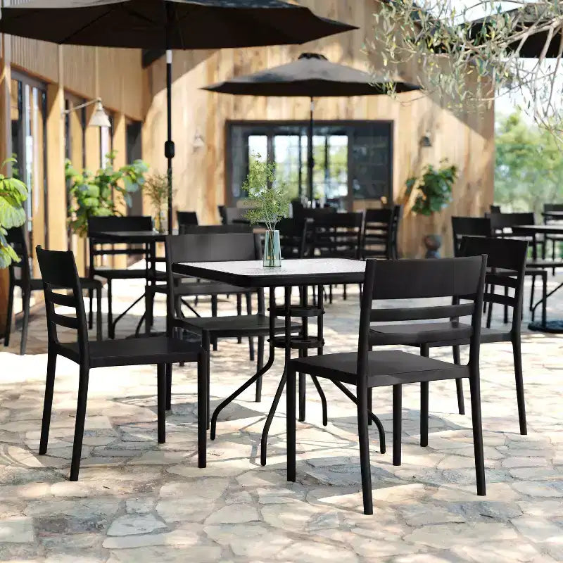 Set of 2 Indoor-Outdoor Stacking Patio Chairs with Slatted Backrest, All-Weather Resin