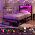 Cadre de lit plateforme en métal de taille double avec tête de lit de rangement, lumières LED et station de charge