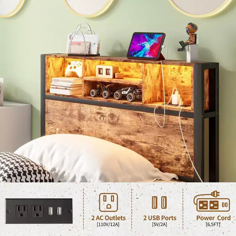 Twin Size Metal Platform Bed Frame with Storage Headboard, LED Lights & Charging Station