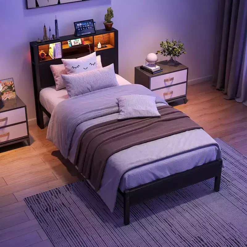 Twin Size Metal Platform Bed Frame with Storage Headboard, LED Lights & Charging Station