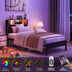 Cadre de lit plateforme en métal de taille double avec tête de lit de rangement, lumières LED et station de charge