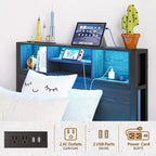 Cadre de lit plateforme en métal de taille double avec tête de lit de rangement, lumières LED et station de charge