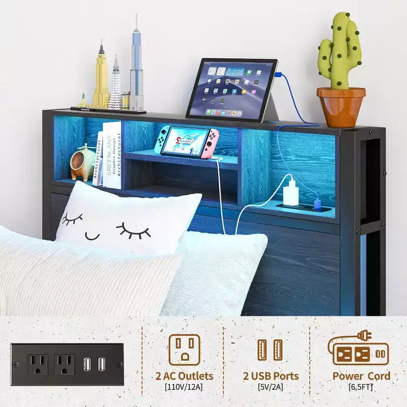 Twin Size Metal Platform Bed Frame with Storage Headboard, LED Lights & Charging Station