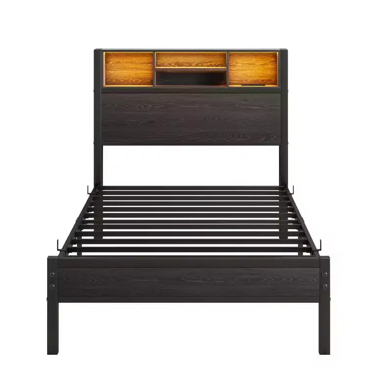 Twin Size Metal Platform Bed Frame with Storage Headboard, LED Lights & Charging Station