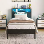 GDFStudio Kian Modern Twin Size Metal Platform Bed Frame with Storage Headboard, Charging Station and LED Lights