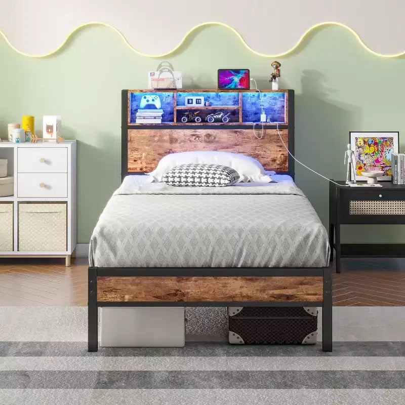 Twin Size Metal Platform Bed Frame with Storage Headboard, LED Lights & Charging Station