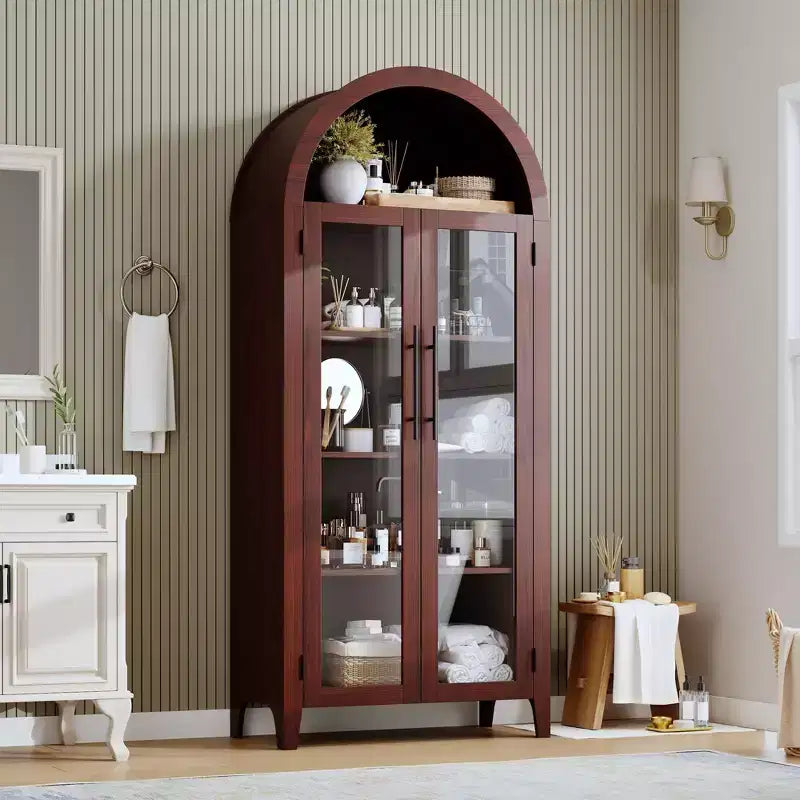Arched Kitchen Pantry Cabinet - Farmhouse 5 Tier Display Shelf with Adjustable Shelf and 2 Large Glass Doors, Versatile Storage Cupboard