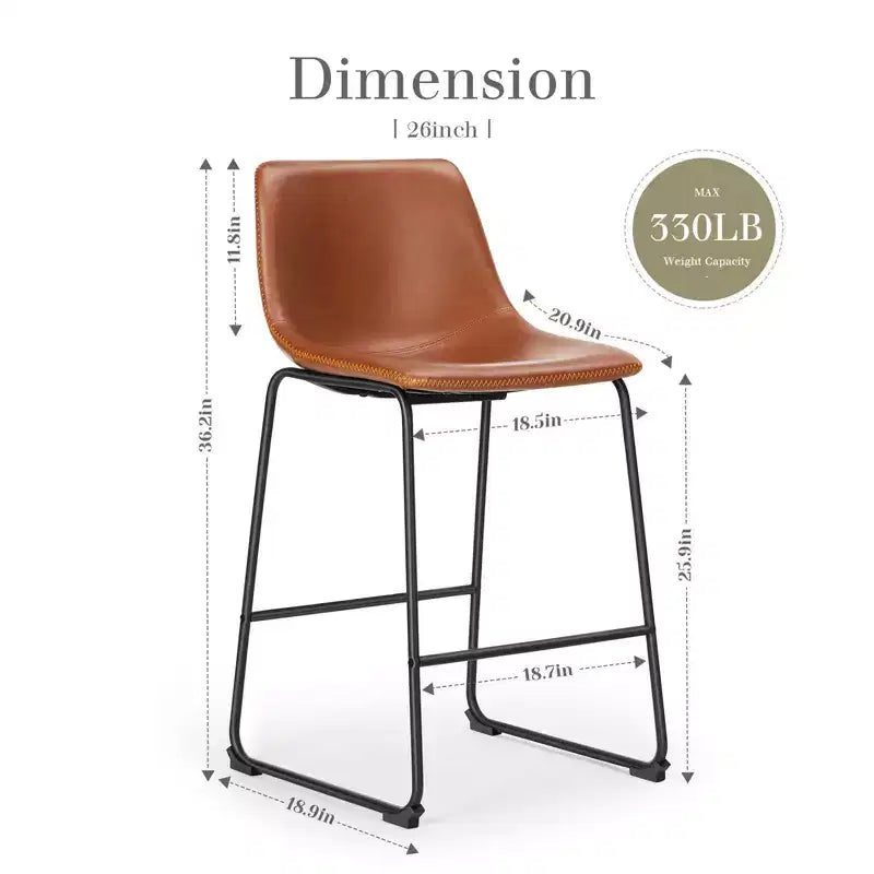 Set of 2 Industrial Upholstered Bar Stools with Metal Legs & Footrests - Faux Leather, Armless