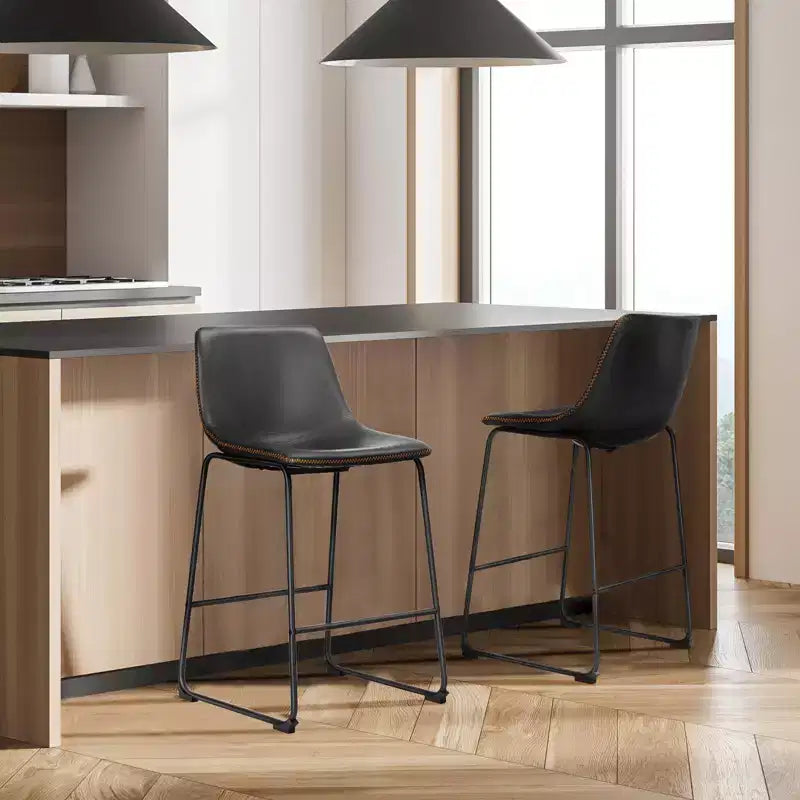 Set of 2 Industrial Upholstered Bar Stools with Metal Legs & Footrests - Faux Leather, Armless