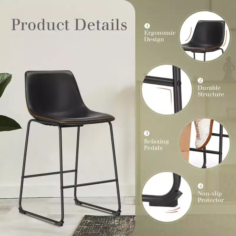Set of 2 Industrial Upholstered Bar Stools with Metal Legs & Footrests - Faux Leather, Armless