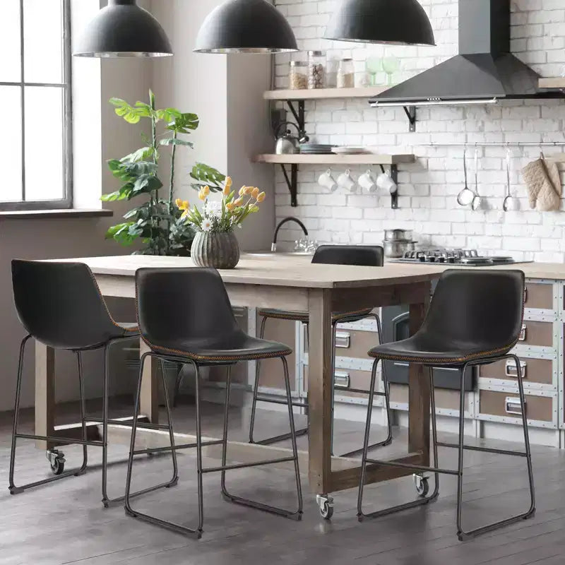 Set of 2 Industrial Upholstered Bar Stools with Metal Legs & Footrests - Faux Leather, Armless