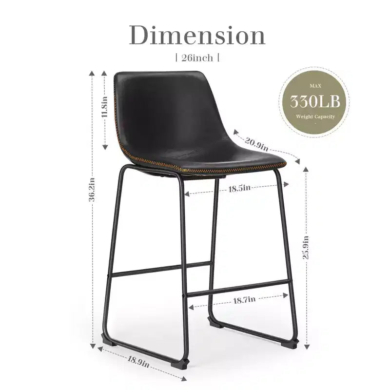 Set of 2 Industrial Upholstered Bar Stools with Metal Legs & Footrests - Faux Leather, Armless