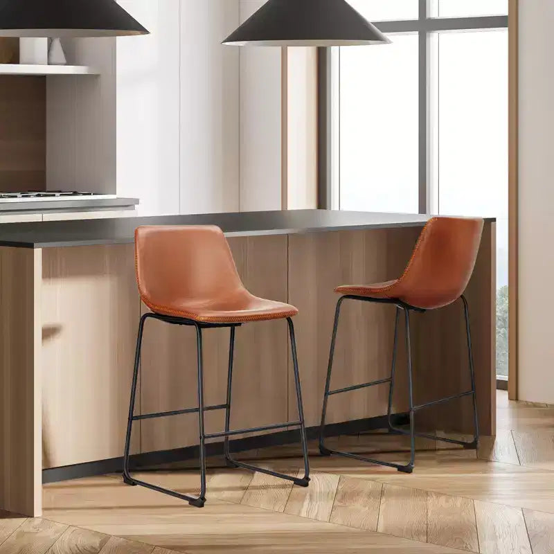 Set of 2 Industrial Upholstered Bar Stools with Metal Legs & Footrests - Faux Leather, Armless
