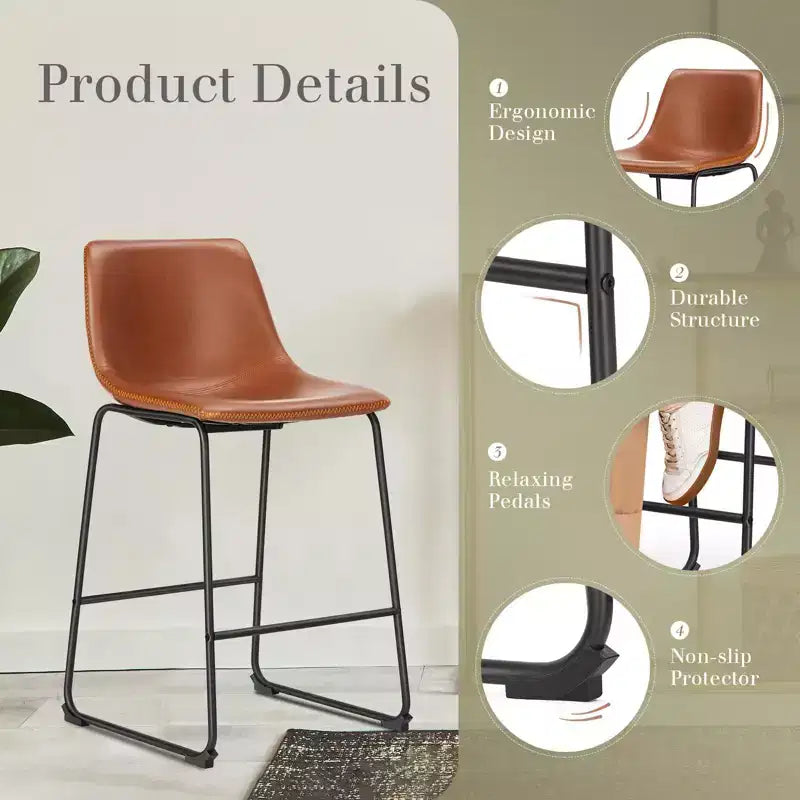 Set of 2 Industrial Upholstered Bar Stools with Metal Legs & Footrests - Faux Leather, Armless