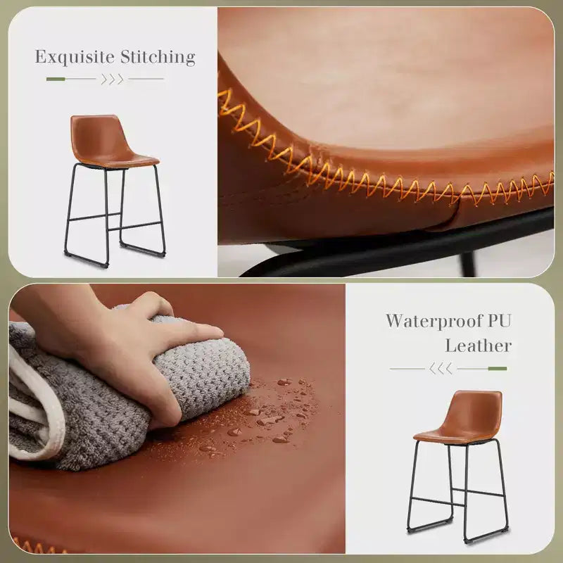 Set of 2 Industrial Upholstered Bar Stools with Metal Legs & Footrests - Faux Leather, Armless