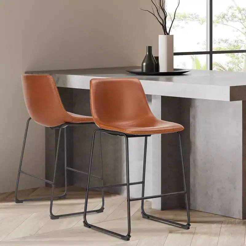 Set of 2 Industrial Upholstered Bar Stools with Metal Legs & Footrests - Faux Leather, Armless