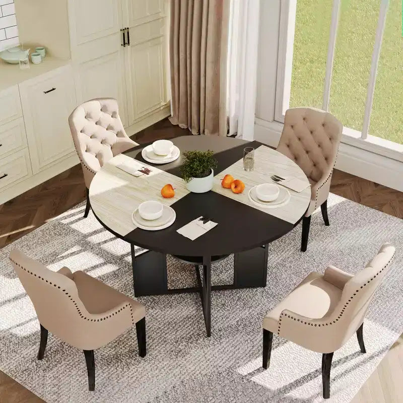 Round Dining Table for 4-6 People - Modern Farmhouse Wooden Circle Kitchen Table with Storage Shelf, Waterproof Tabletop Breakfast Nook Furniture