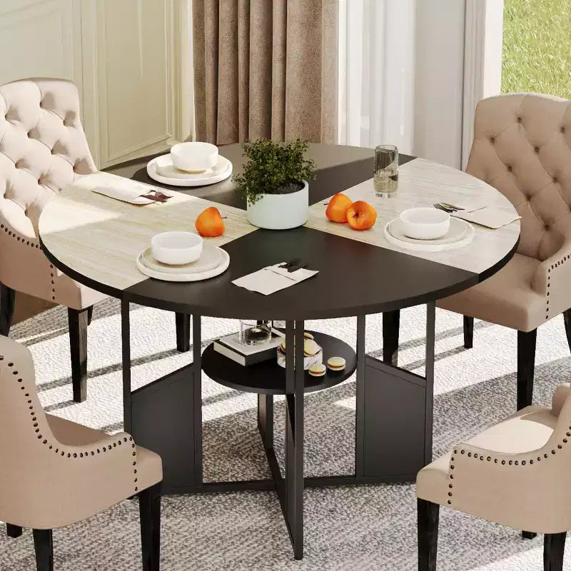 Round Dining Table for 4-6 People - Modern Farmhouse Wooden Circle Kitchen Table with Storage Shelf, Waterproof Tabletop Breakfast Nook Furniture