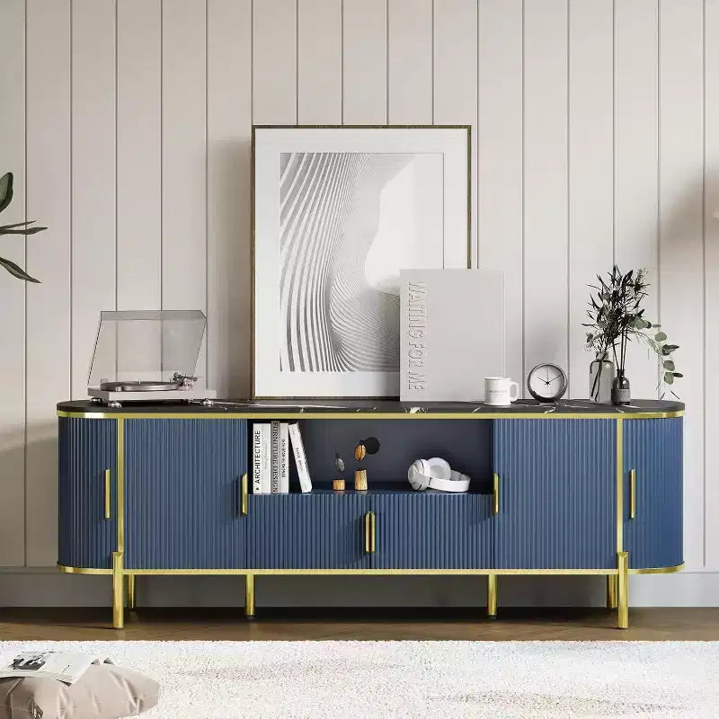 MDF Round Wave Pattern Four-Door TV Stand 70 Large Luxury Entertainment Center, Adjustable Shelves