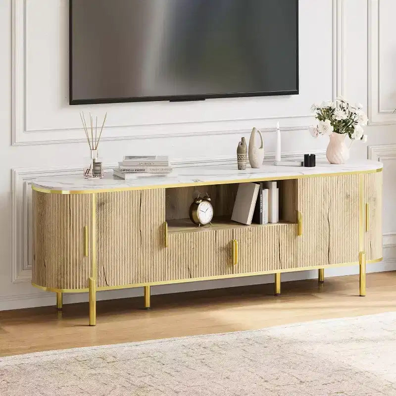 MDF Round Wave Pattern Four-Door TV Stand 70 Large Luxury Entertainment Center, Adjustable Shelves