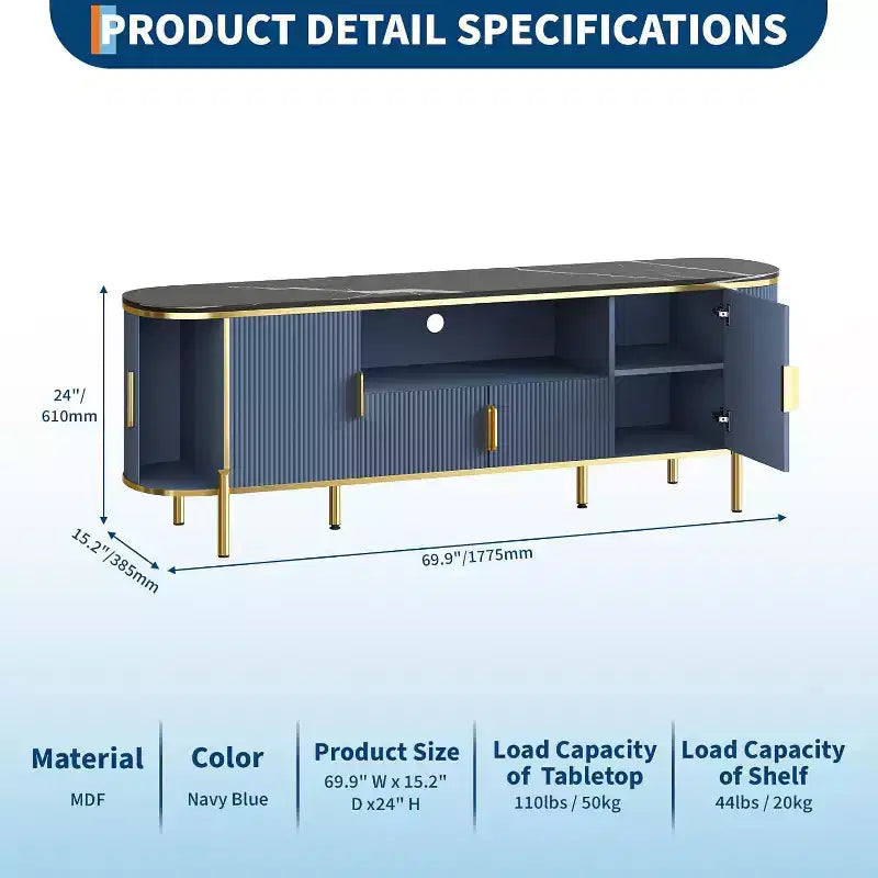 MDF Round Wave Pattern Four-Door TV Stand 70 Large Luxury Entertainment Center, Adjustable Shelves