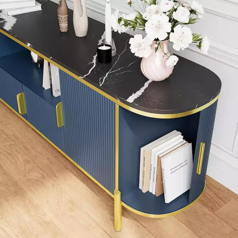 MDF Round Wave Pattern Four-Door TV Stand 70 Large Luxury Entertainment Center, Adjustable Shelves