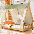 Lit à baldaquin en forme de maison double/complet avec tente et décor lumineux - Lit plateforme pour enfants et adolescents