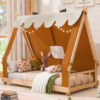 Lit à baldaquin en forme de maison double/complet avec tente et décor lumineux - Lit plateforme pour enfants et adolescents