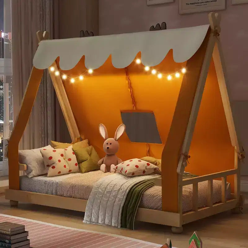 Twin/Full House-Shaped Floor Canopy Bed with Tent & Light Decor - Kids & Teens Platform Bed
