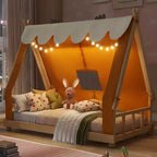 Lit à baldaquin en forme de maison double/complet avec tente et décor lumineux - Lit plateforme pour enfants et adolescents