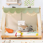 Lit à baldaquin en forme de maison double/complet avec tente et décor lumineux - Lit plateforme pour enfants et adolescents