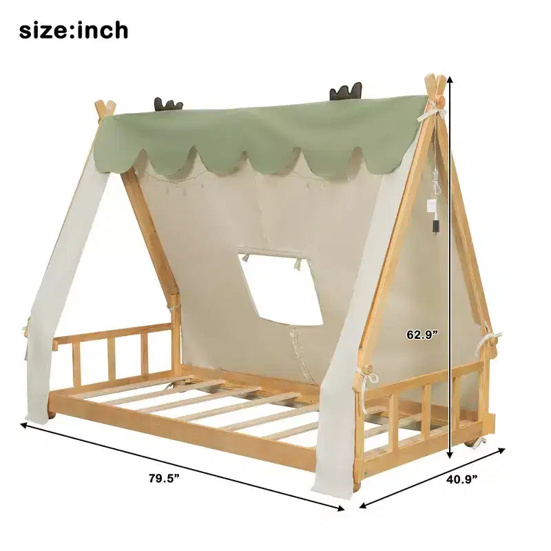 Twin/Full House-Shaped Floor Canopy Bed with Tent & Light Decor - Kids & Teens Platform Bed