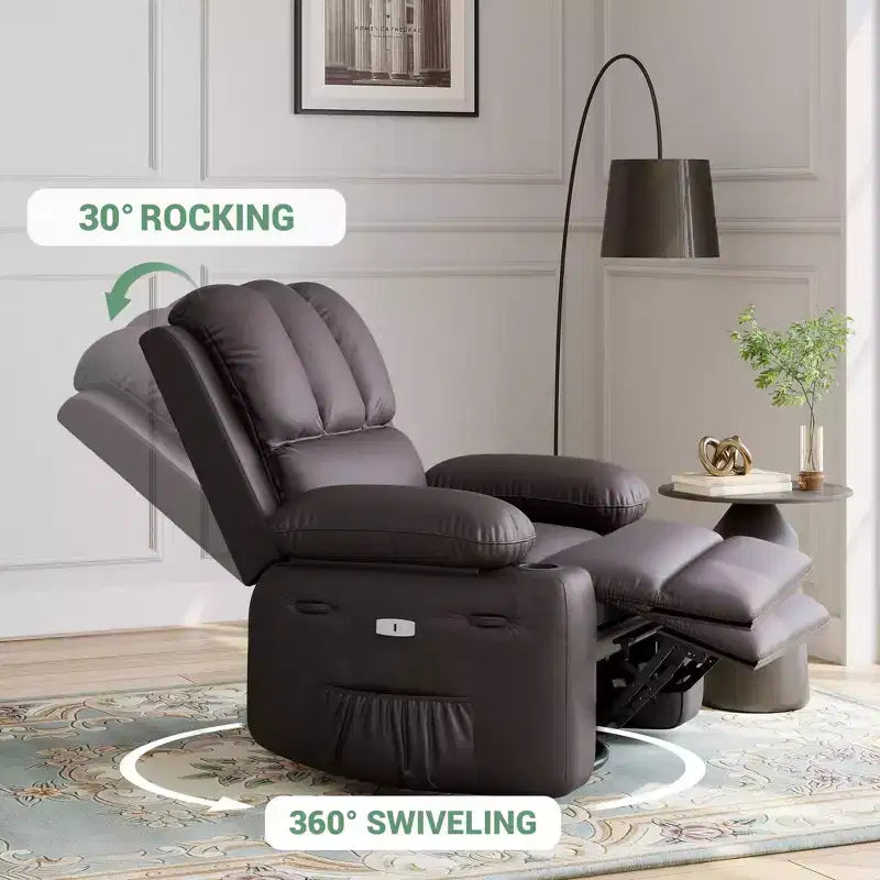 Massage Recliner Chair for Adults, Swivel Rocker with Heat, PU Leather, Remote, Cup Holders, Side Pocket, Wide Recliner for Living Room, Bedroom