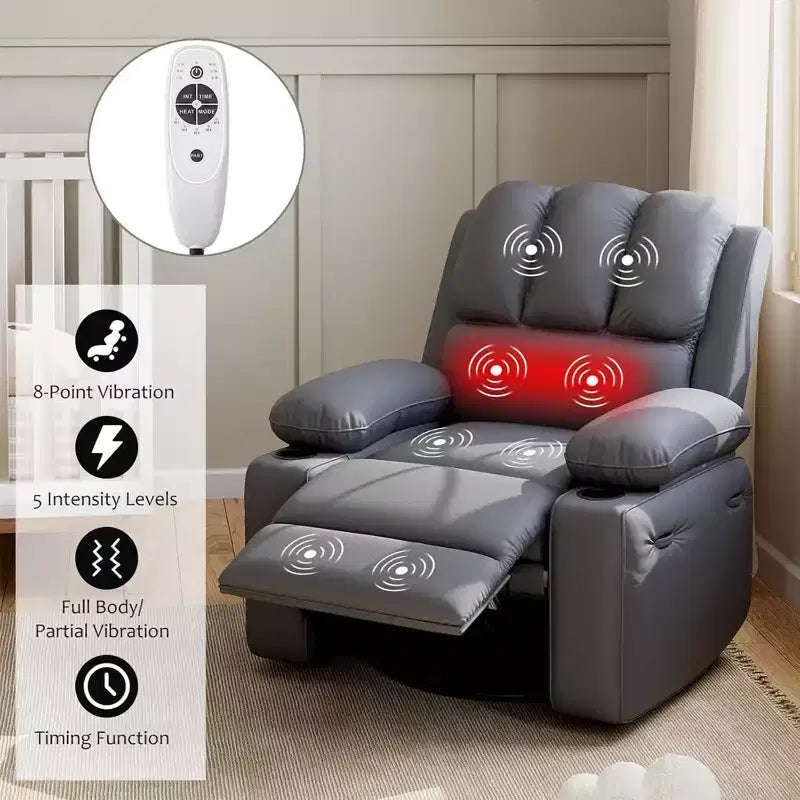 Massage Recliner Chair for Adults, Swivel Rocker with Heat, PU Leather, Remote, Cup Holders, Side Pocket, Wide Recliner for Living Room, Bedroom