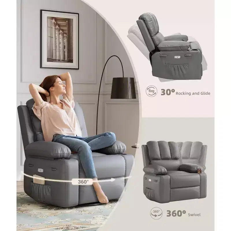 Massage Recliner Chair for Adults, Swivel Rocker with Heat, PU Leather, Remote, Cup Holders, Side Pocket, Wide Recliner for Living Room, Bedroom