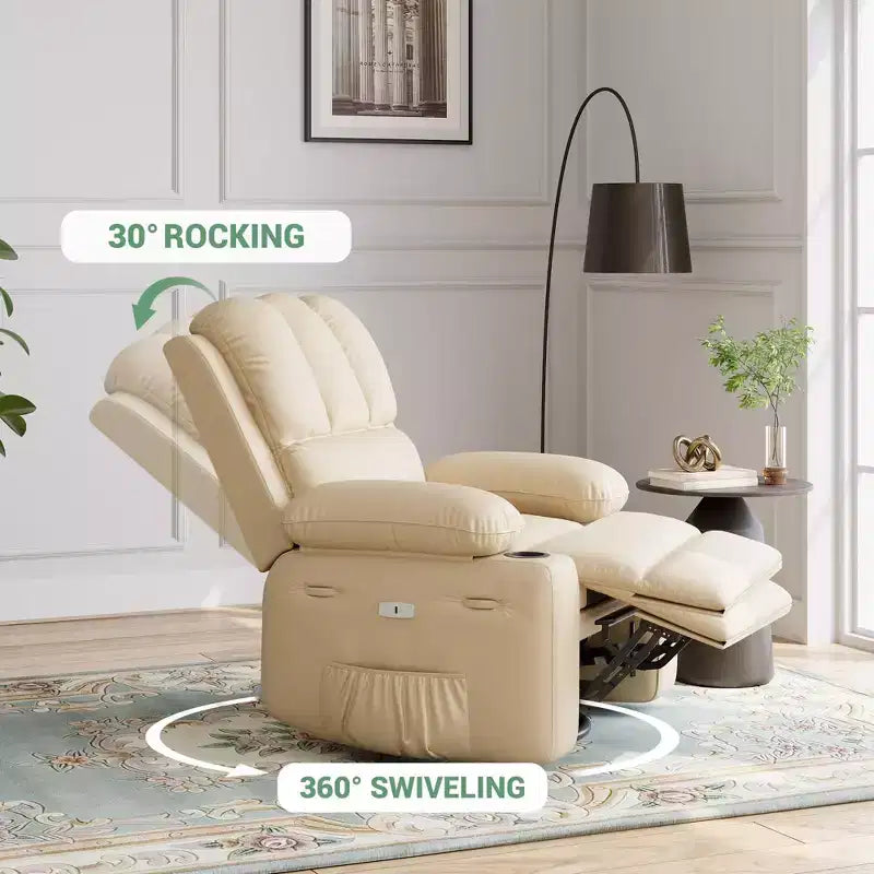 Massage Recliner Chair for Adults, Swivel Rocker with Heat, PU Leather, Remote, Cup Holders, Side Pocket, Wide Recliner for Living Room, Bedroom