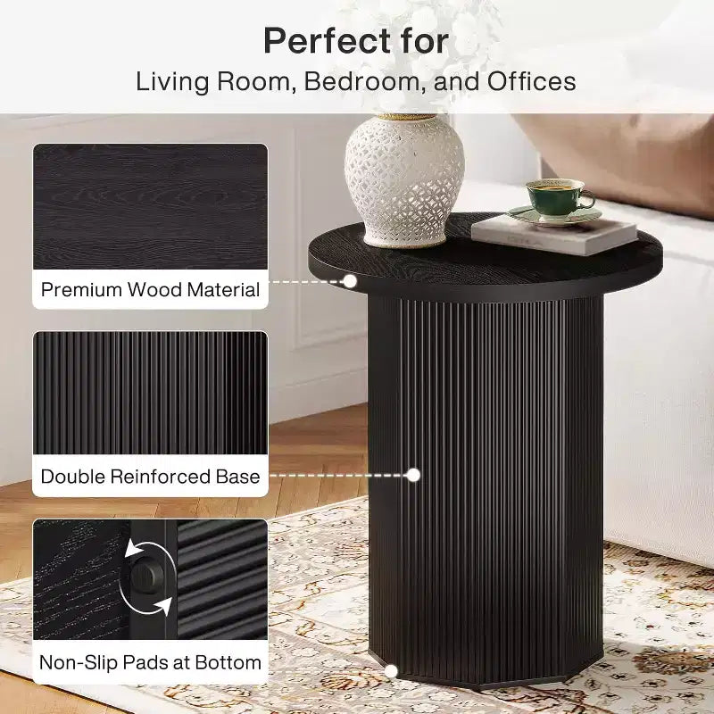 Round Farmhouse Pedestal End Table - Fluted Wood Nightstand & Drink Stand, Black, 19.7"