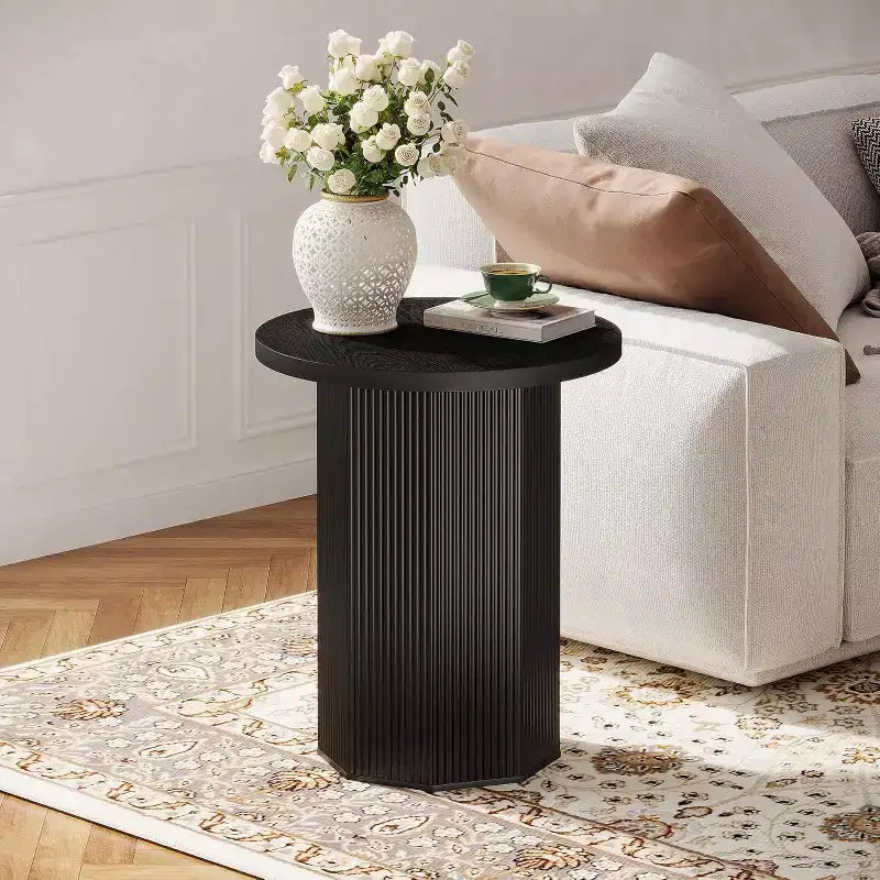 Round Farmhouse Pedestal End Table - Fluted Wood Nightstand & Drink Stand, Black, 19.7"