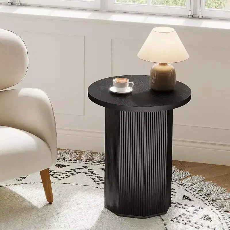 Round Farmhouse Pedestal End Table - Fluted Wood Nightstand & Drink Stand, Black, 19.7"