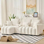 Canapé d'angle en tissu Teddy 234 cm avec console centrale, ports USB et table basse - Blanc